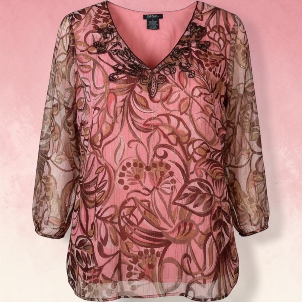 Bob Mackie Studio Pink Brown Floral Silk Metallic Beaded V-Neck Blouse Top‎ 14